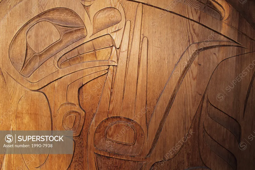 Main door of the Boathouse restaurant, Native carving. Horseshoe Bay, West Vancouver, British Columbia, Canada.