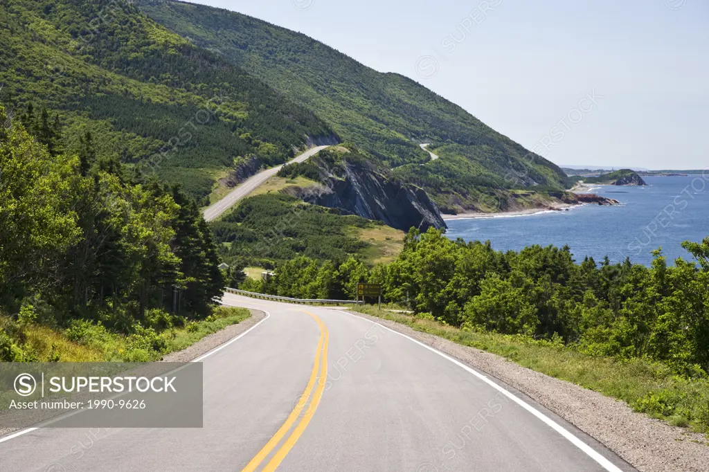 View of Cabot Trail at Cap Rouge, Cape Breton Highlands National Park, Cape Breton Island, Nova Scotia, Canada.