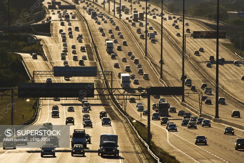 Highway 401 in Toronto a 12 lane highway that bisects the city, Toronto, Ontario, Canada.