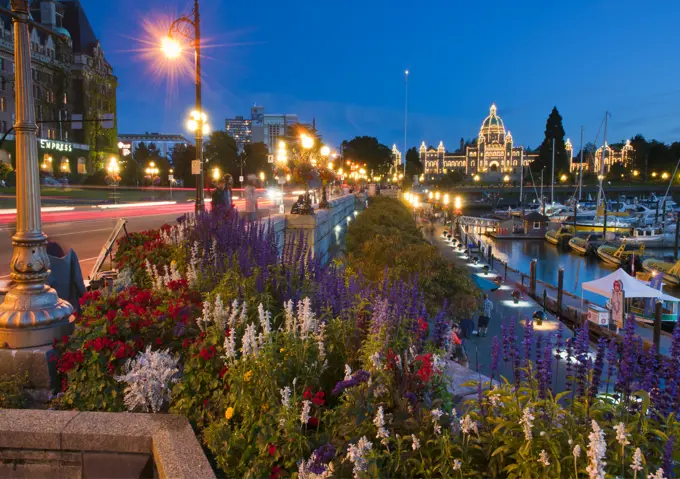 The Inner Harbour of Victoria is a picturesque walkway along the water, framed by the BC Legislative Assemby building and the Empress Hotel.