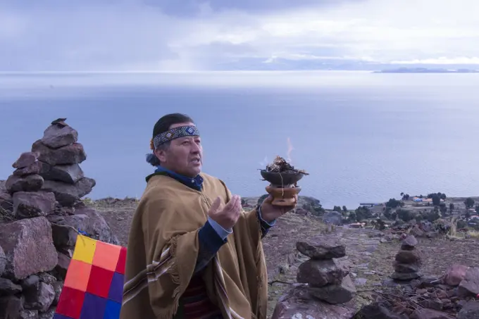 Shamanic ceremony, Island of Amantani, Lake Titicaca, Peru