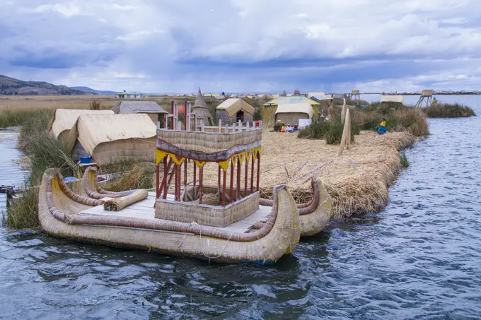 Local residents of floating reed islands of Uros, Lake Titicaca, Peru