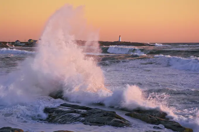 North Atlantic Ocean storm waves crash into granite coastline at Peggy´s Cove, Nova Scotia, Canada.