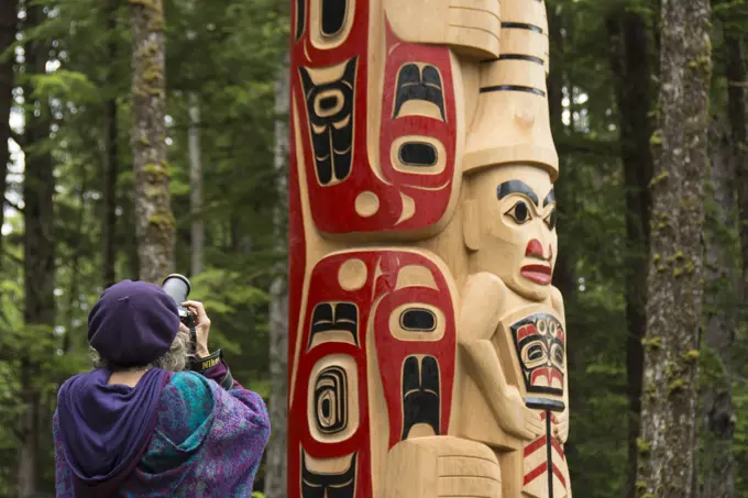 New pole details, by Christian White and apprentices at Hiellen Longhouse Village, Tow Hill, Haida Gwaii, formerly known as Queen Charlotte Islands, B...