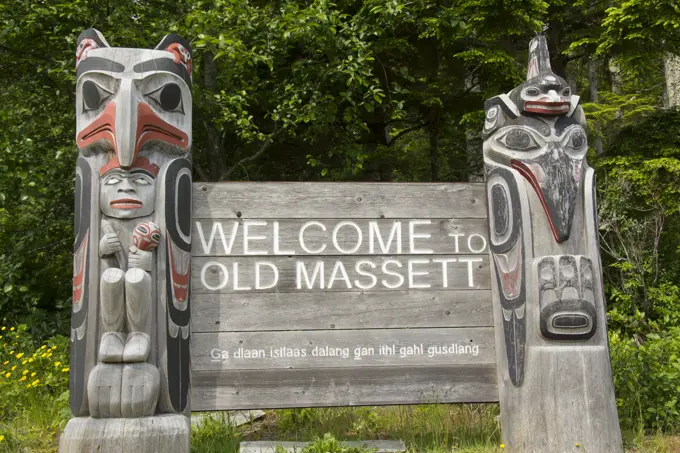 Welcome sign, Old Massett, Haida Gwaii, formerly known as Queen Charlotte Islands, British Columbia, Canada