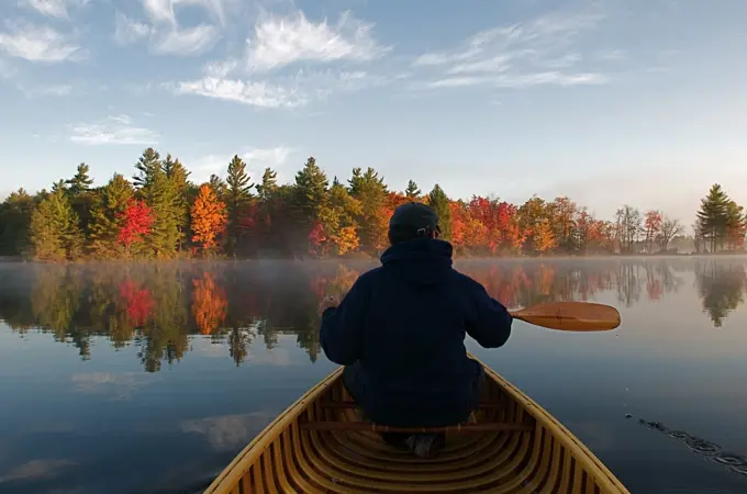 Man, Autumn, Canoe, Kahshe Lake, Muskoka, Ontario