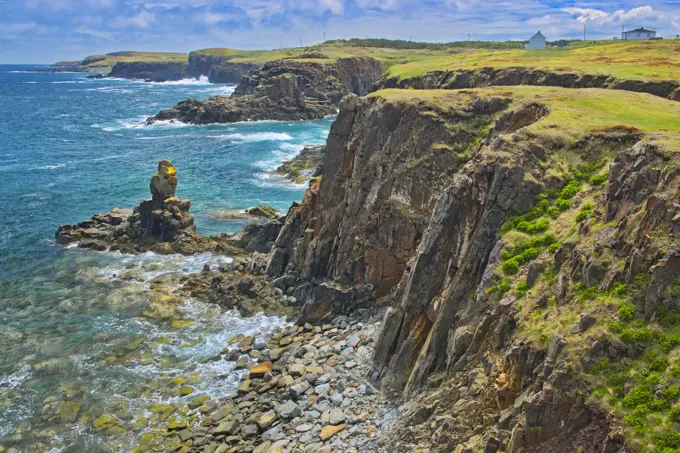 Rocky shoreline looking towards the Atlantic Ocean on the Bonavista Peninsula. Elliston Newfoundland & Labrador Canada