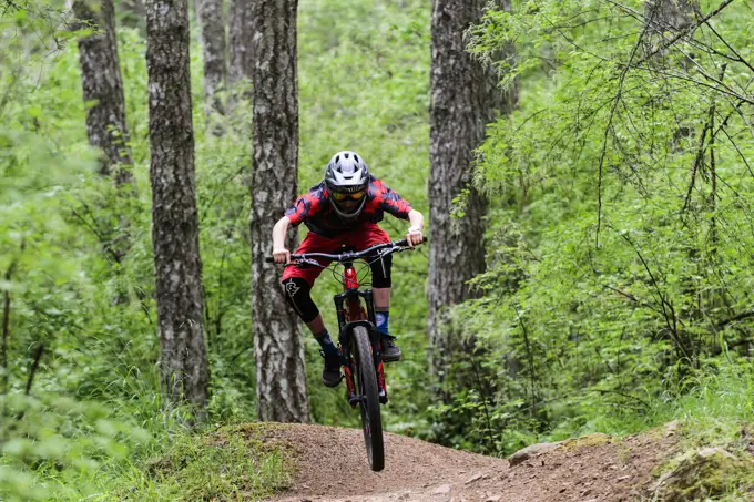 Mountain bikers on the Double D course during the 2019 Mt. Tzouhalem Enduro Event on Mt. Tzouhalem in Duncan, British Columbia.