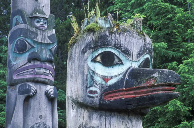 USA, Alaska, Totem Pole details from Totem Bight State Historical Park in Ketchikan