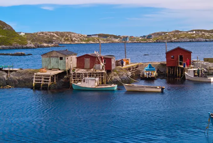 Fishing shacks on the Atlantic coastline Burnt Islands Newfoundland  Canada