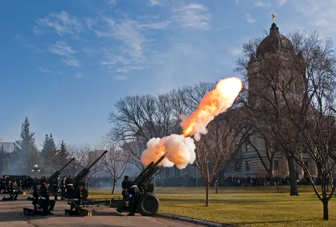 Remembrance Day celebrations and gun salute at the Manitoba Legislative grounds, Winnipeg, Manitoba, Canada.