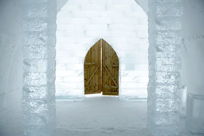 Ice hotel near Quebec City, Ste_Catherine_de_la_Jacques_Cartier, Quebec, Canada.