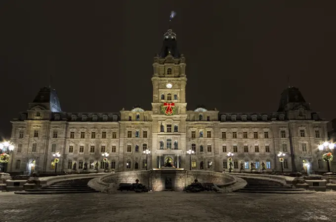 Quebec Parliament at night in the winter, Quebec, Canada