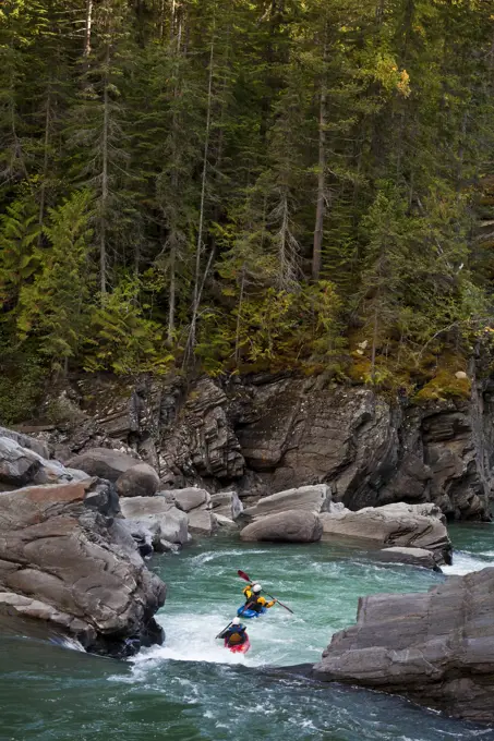 A group of kayakers head into the canyon on the Fraser River, Mt Robson Provinical Park, BC