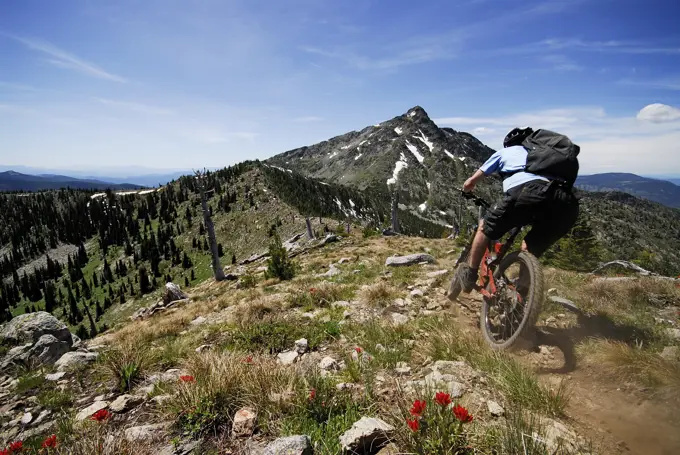 Man bikes the Seven Summits trail, Rossland, British Columbia, Canada.