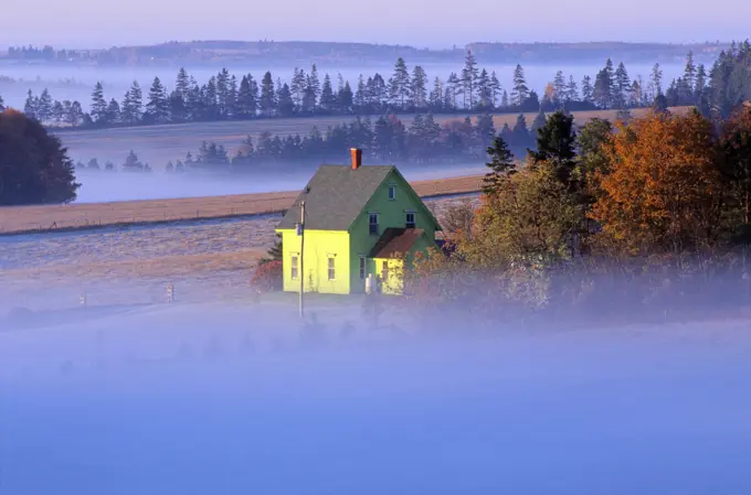 House in early morning mist, Long River, Prince Edward Island, Canada