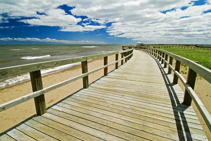 Boardwalk along Atlantic Ocean, Bouctouche, New Brunswick, Canada.