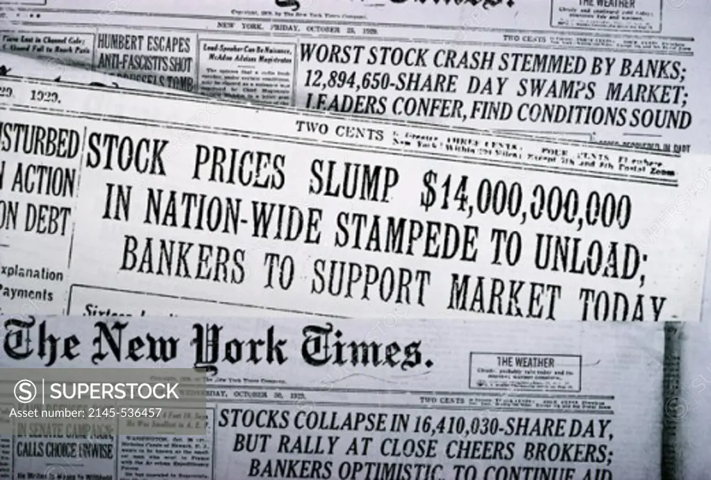 Headlines of a newspaper, New York Times, Depression Era