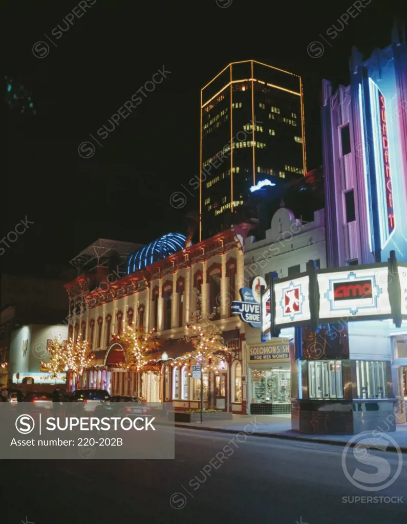 Christmas lights on a building lit up at night, Fort Worth, Texas, USA