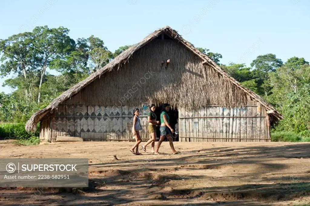 Tukano maloca thatched with carana (Mauritia carana) palm. Above the entrance thatch of acai (Euterpe oleracea). Cachoeira Caruru, Rio Tiquie, Amazonas, Brazil, 11-10-12