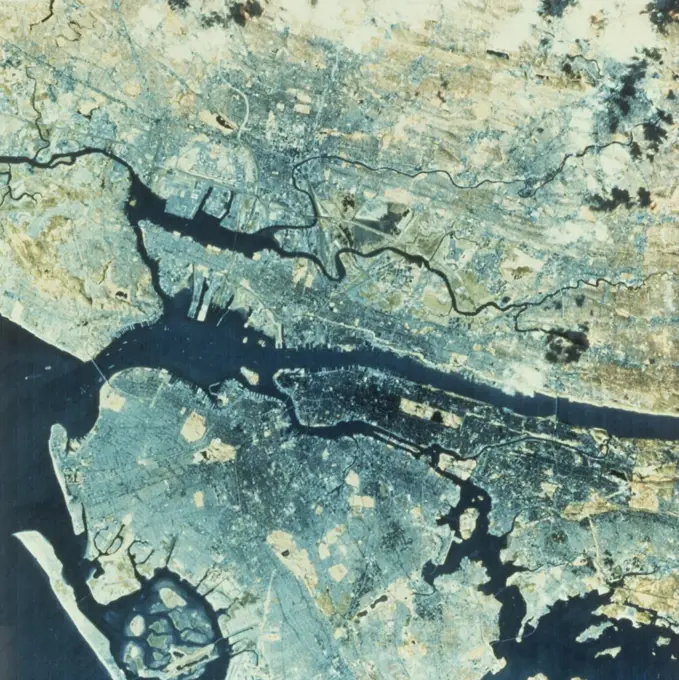 Satellite view of a city, New York City, New York, USA