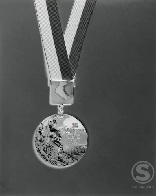 Close-up of an Olympic silver medal