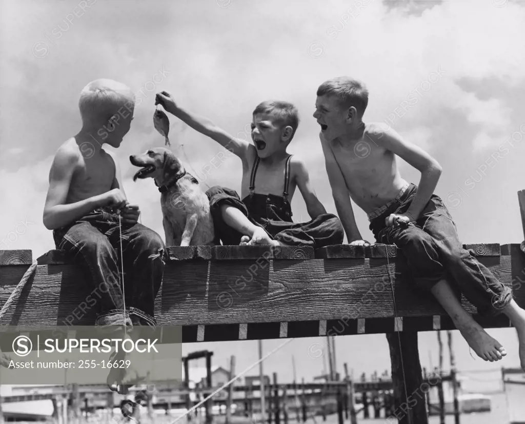 Low angle view of three boys fishing