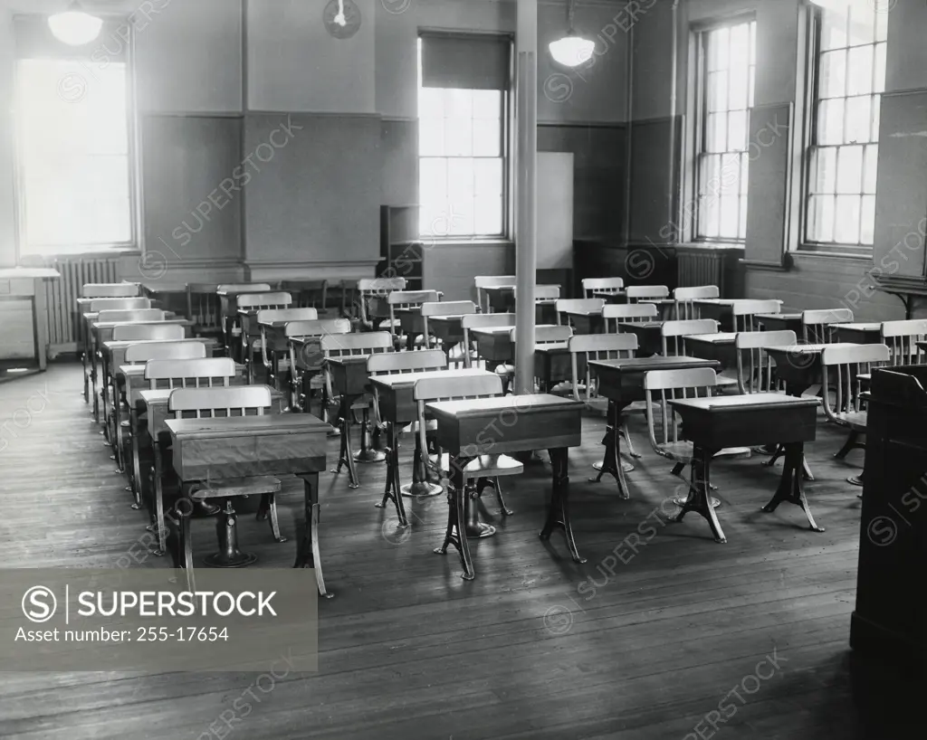 Empty chairs in a classroom