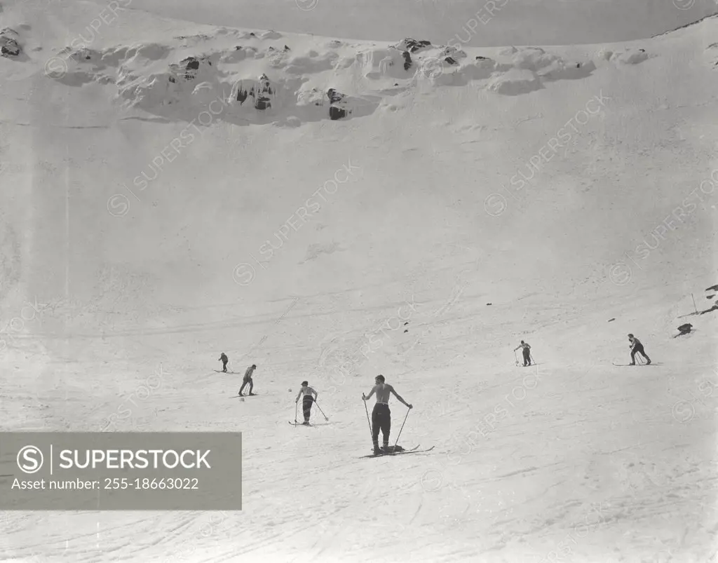 Vintage photograph. Spring skiers, April, Tuckerman Ravine. Mt. Washington, New Hampshire