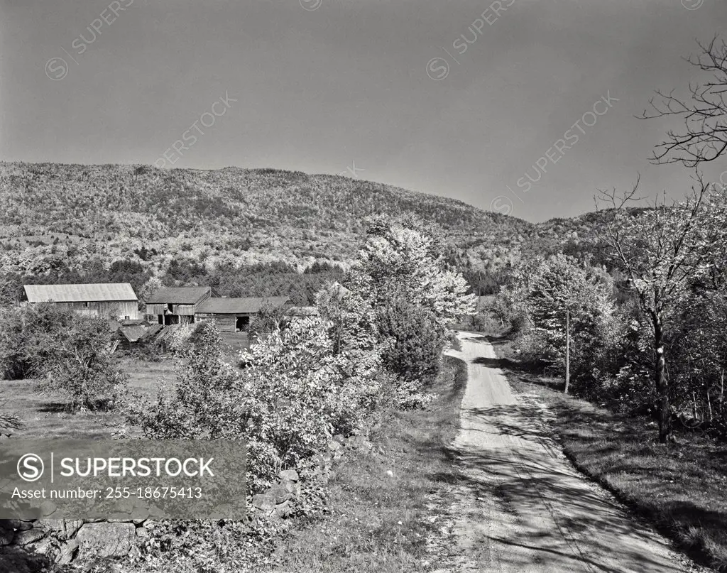 Vintage photograph. Country road near US Highway 3 at Hebron, New Hampshire. Stone wall and farm buildings. Autumn. New England