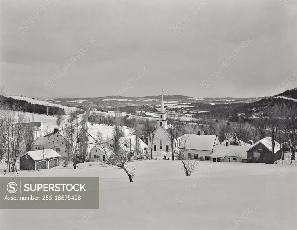 Vintage photograph. Village of Waterford, Vermont. Winter, snow, Church, town. landscape