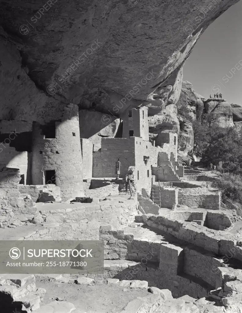 Vintage photograph. Cliff Palace across Canyon, Mesa Verde National Park, Colorado. Cliff dwellings