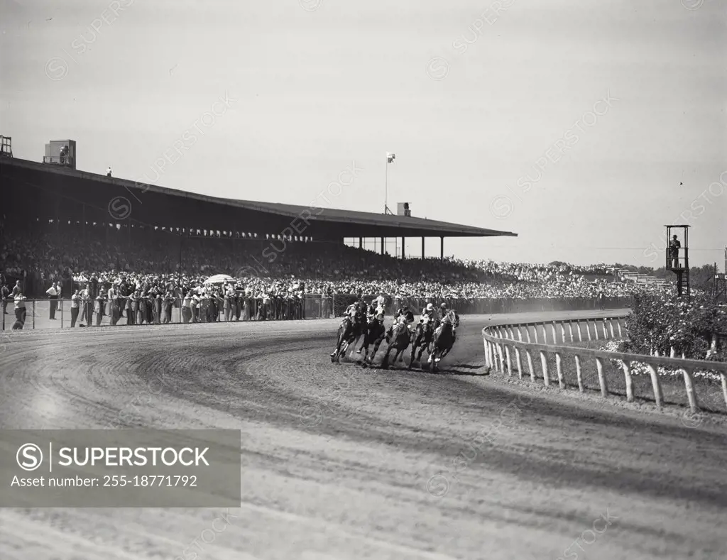 Vintage photograph. Racing at Aquaduct Race Track, New York City