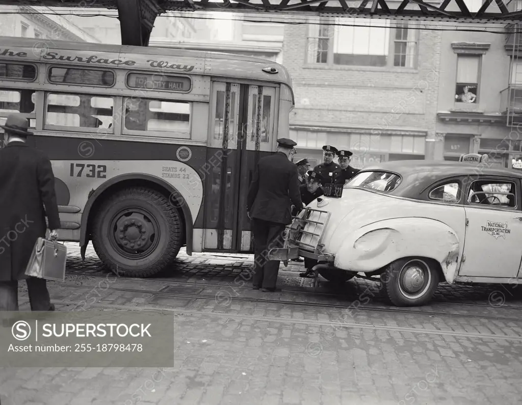 Vintage photograph. Bus and taxi accident on 3rd Avenue, New York City