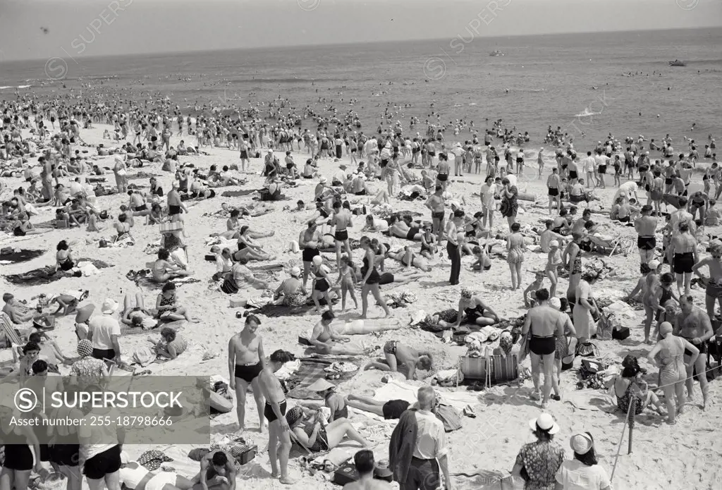 Vintage photograph. Crowded day at Jones Beach, Long Island