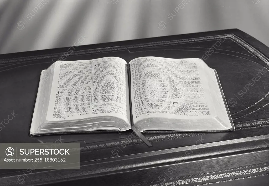 Vintage photograph. Holy bible sitting open on desk