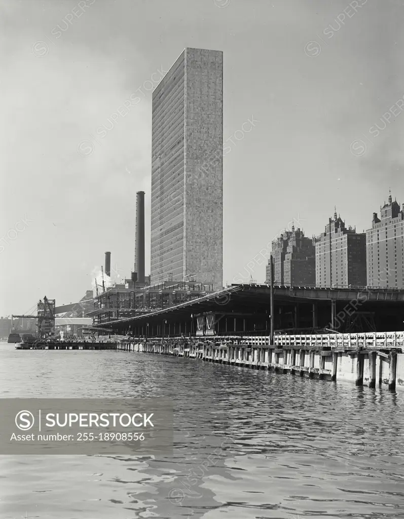 Vintage photograph. United Nations Building viewed the East River, New York City