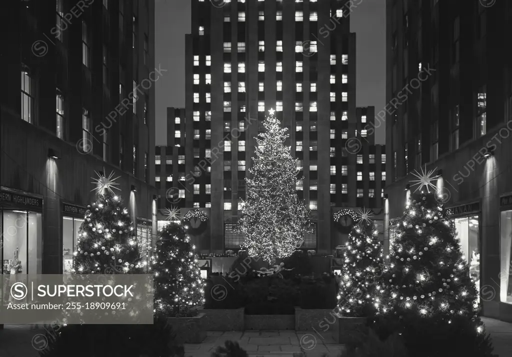 Vintage photograph. christmas decorations at rockefeller center