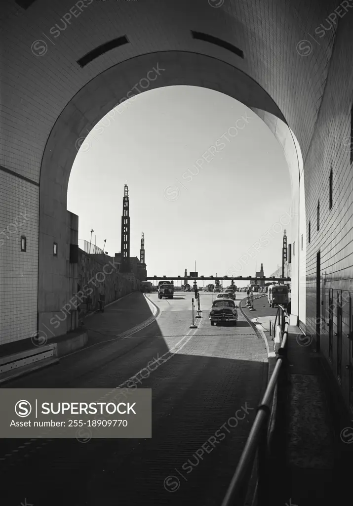 Vintage photograph. entrance to lincoln tunnel on the new jersey side with light traffic