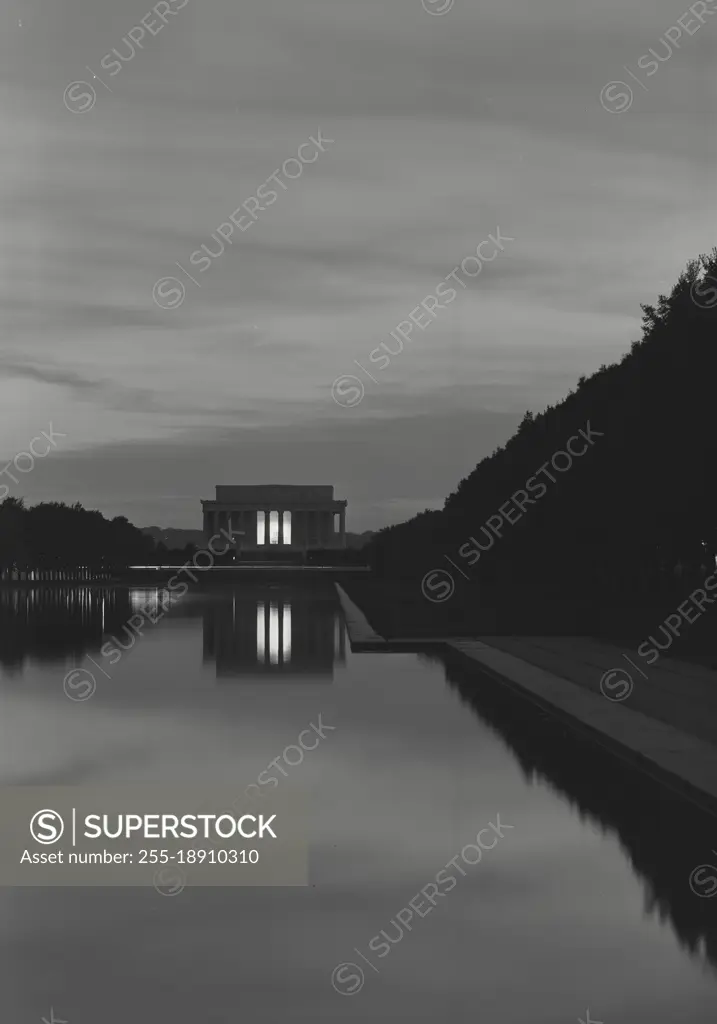 Vintage photograph. Twilight view of the Lincoln Memorial and reflection pool