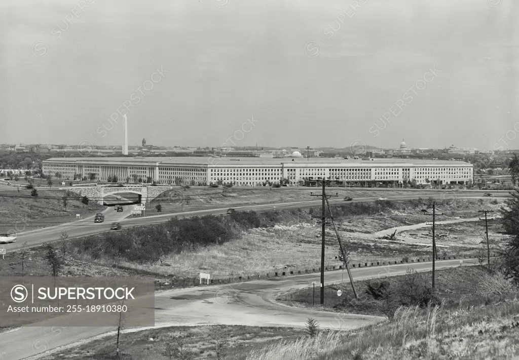 Vintage photograph. View of the Pentagon Building and surrounding area