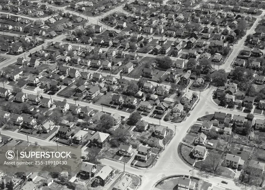 Vintage photograph. Aerial view of residential section