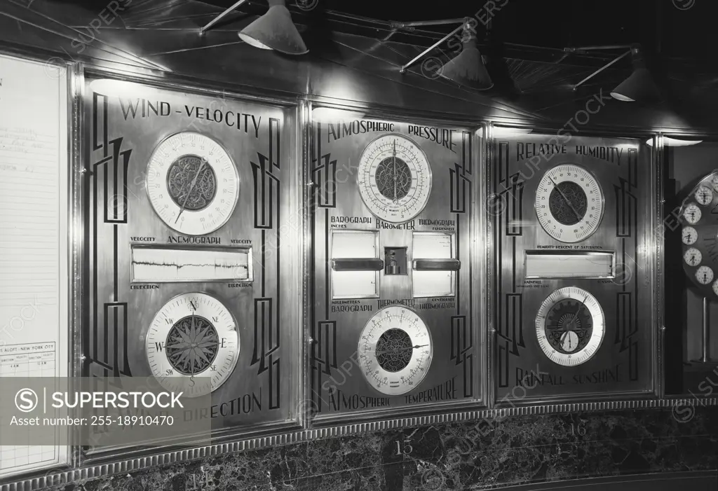 Vintage photograph. Gauges near the Standard time zone clock in the lobby of the N.Y. News Building