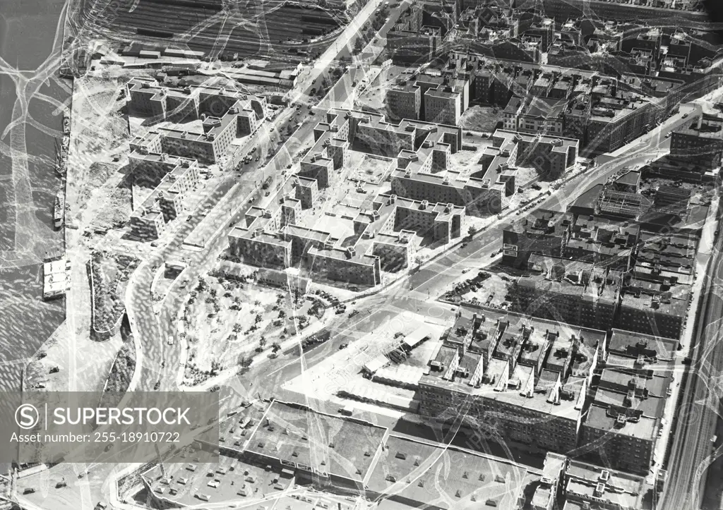 Vintage photograph. Aerial view of Harlem River Housing Project, Manhattan