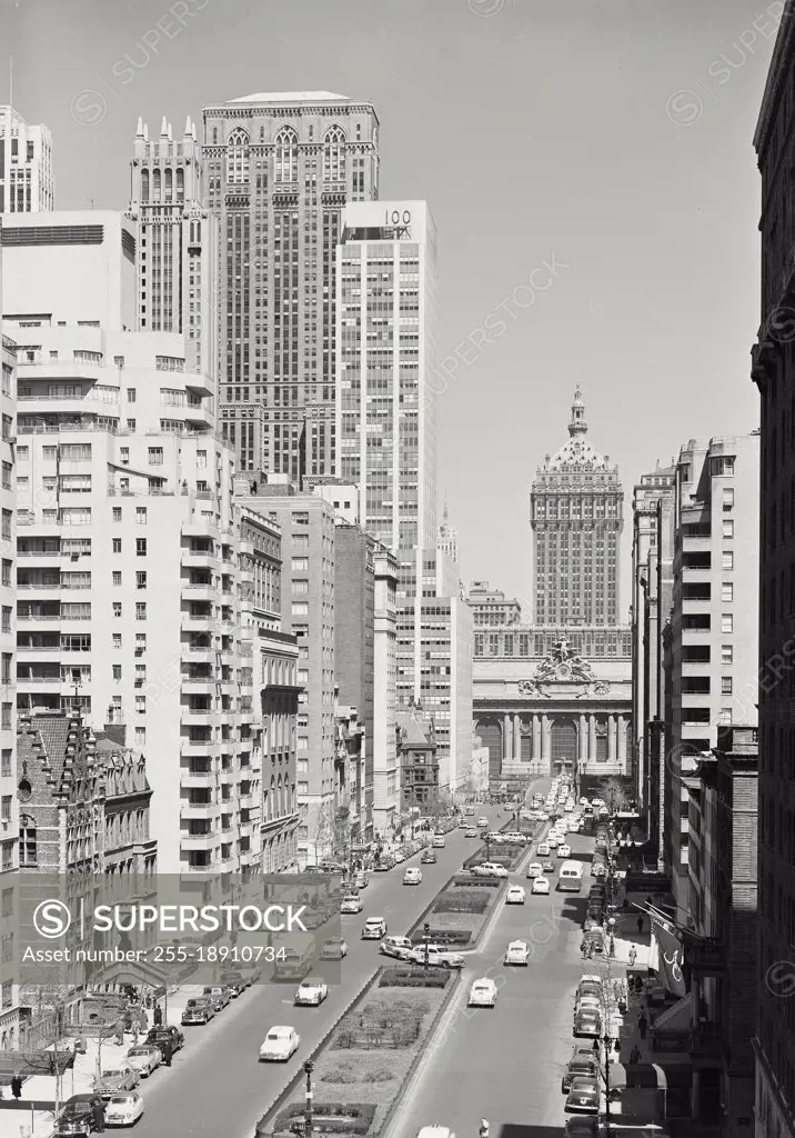 Vintage photograph. Park Avenue looking towards Grand Central Terminal, New York City