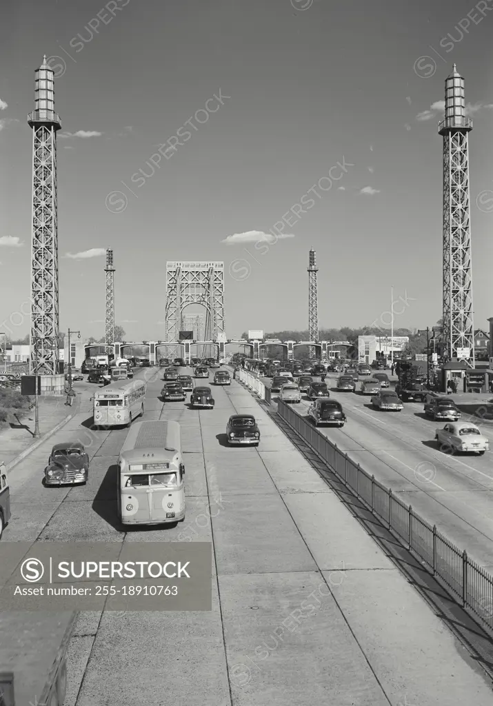 Vintage photograph. Traffic on the New Jersey approach of George Washington Bridge