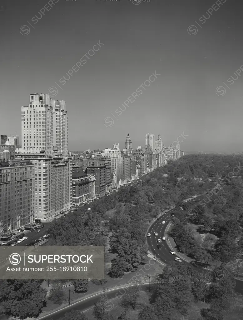 Vintage photograph. Looking north on Central Park West from above