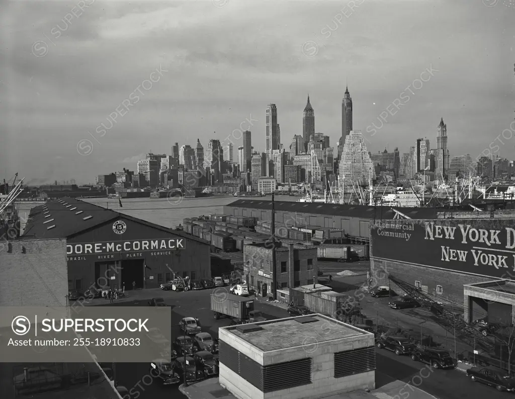 Vintage photograph. View of Lower Manhattan skyline from the Esplanade, a new scenic viewpoint in the Brooklyn Heights section of that borough