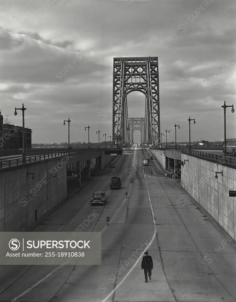 Vintage photograph. View of the New York exit of the George Washington Bridge