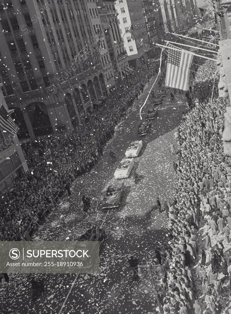 Vintage photograph. Wide shot of Famous New York City Ticker Tape Parade For MacArthur In 1951